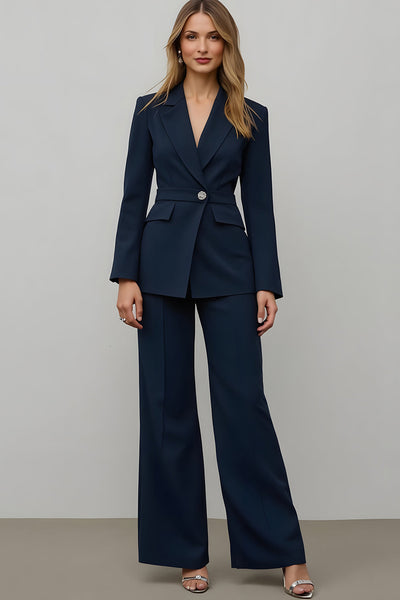 Navy 2 Piece Satin Notched Lapel One Button Women Prom Suits