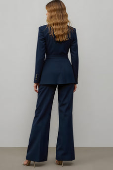 Navy 2 Piece Satin Notched Lapel One Button Women Prom Suits
