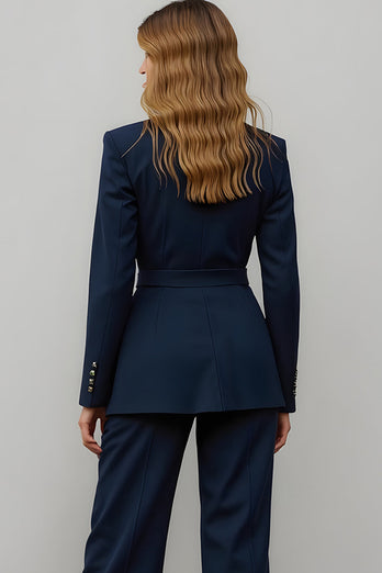 Navy 2 Piece Satin Notched Lapel One Button Women Prom Suits