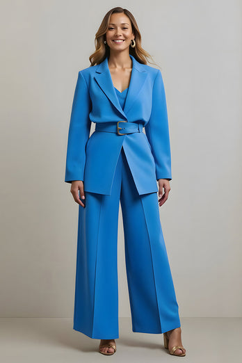 2 Piece Blue Notched Lapel Women Prom Suits with Belts