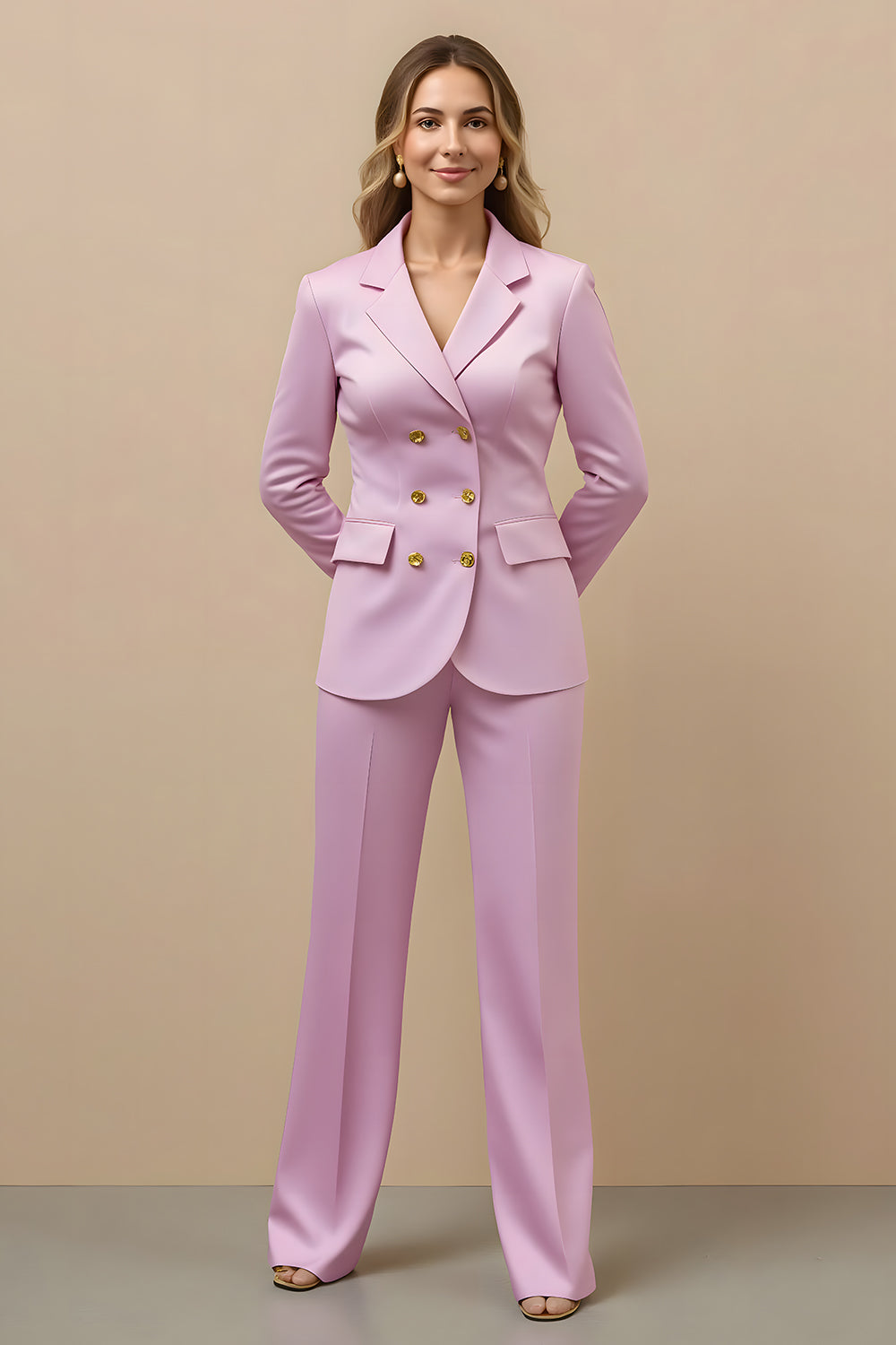 Pink 2 Piece Satin Double Breasted Notched Lapel Women Prom Suits