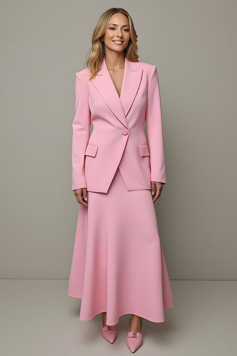2 Piece Pink A Line Satin Peak Lapel One Button Women Prom Suits