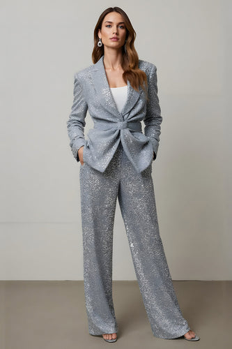 2 Piece Sparkly Grey Sequins Women Prom Suits with Pockets
