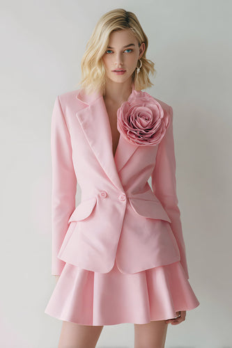 Pink 2 Piece Satin Notched Lapel Short Women Prom Suits with 3D Flower