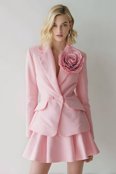 Pink 2 Piece Satin Notched Lapel Short Women Prom Suits with 3D Flower