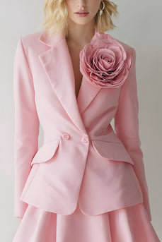 Pink 2 Piece Satin Notched Lapel Short Women Prom Suits with 3D Flower
