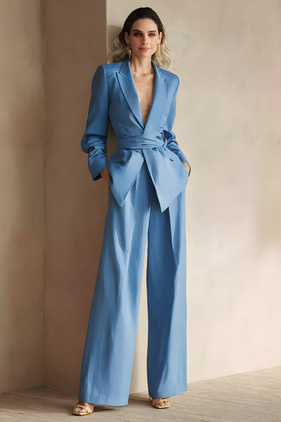 Blue 2 Piece Satin Peak Lapel Women Prom Suits with Sash