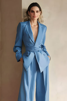 Blue 2 Piece Satin Peak Lapel Women Prom Suits with Sash