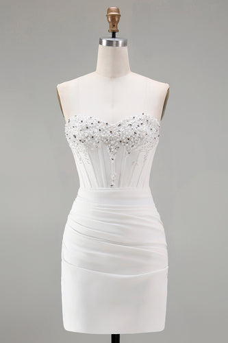 Sparkly White Strapless Tight Short Corset Homecoming Dress with Beading