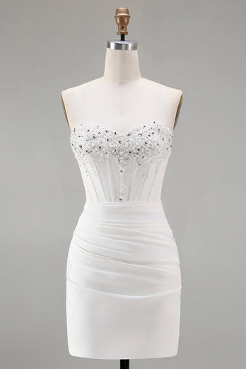 Sparkly White Strapless Tight Short Corset Homecoming Dress with Beading