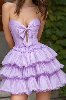 Lilac A-Line Tiered Sweetheart Short Corset Homecoming Dress with Bow