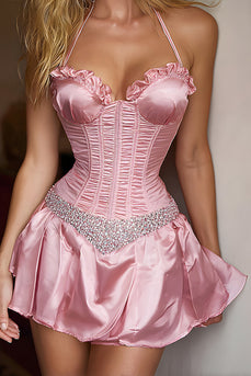 Sparkly Pink Satin Halter Short Corset Homecoming Dress with Beading