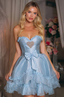 Load image into Gallery viewer, Blue Satin A-Line Tiered Strapless Short Corset Homecoming Dress