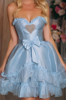 Blue Satin A-Line Tiered Strapless Short Corset Homecoming Dress