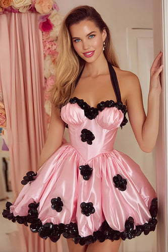 Pink Satin A-Line Halter Short Corset Homecoming Dress with 3D Flowers