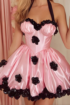 Pink Satin A-Line Halter Short Corset Homecoming Dress with 3D Flowers
