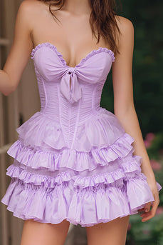 Lilac A-Line Sweetheart Ruffled Short Corset Homecoming Dress with Bow