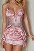 Load image into Gallery viewer, Sparkly Pink Satin Ruffled Halter Short Corset Homecoming Dress with Beading