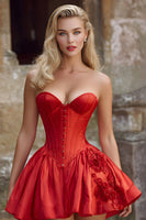 Load image into Gallery viewer, Floral Red Satin A Line Strapless Short Corset Homecoming Dress