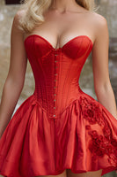 Load image into Gallery viewer, Floral Red Satin A Line Strapless Short Corset Homecoming Dress