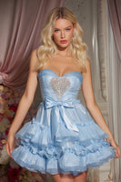 Load image into Gallery viewer, Sparkly Blue A Line Sweetheart Tiered Short Homecoming Dress with Bow