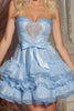 Load image into Gallery viewer, Sparkly Blue A Line Sweetheart Tiered Short Homecoming Dress with Bow