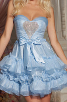 Load image into Gallery viewer, Sparkly Blue A Line Sweetheart Tiered Short Homecoming Dress with Bow