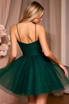 Sparkly Dark Green A Line Deep V-Neck Short Homecoming Dress with Beading