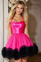 Load image into Gallery viewer, Fuchsia Satin A Line Halter Short Corset  Homecoming Dress with Ruffles