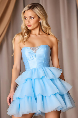 Sparkly Blue A Line Tiered Strapless Short Homecoming Dress with Bow
