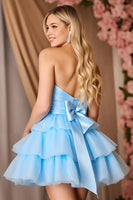 Load image into Gallery viewer, Sparkly Blue A Line Tiered Strapless Short Homecoming Dress with Bow