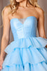 Load image into Gallery viewer, Sparkly Blue A Line Tiered Strapless Short Homecoming Dress with Bow