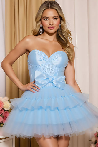 Sparkly Blue A Line Ruffled Sweetheart Short Homecoming Dress with Bow