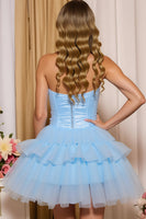 Load image into Gallery viewer, Sparkly Blue A Line Ruffled Sweetheart Short Homecoming Dress with Bow