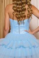 Load image into Gallery viewer, Sparkly Blue A Line Ruffled Sweetheart Short Homecoming Dress with Bow
