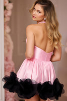Load image into Gallery viewer, Pink Satin A Line Halter Short Corset Homecoming Dress with Ruffles