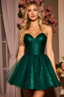 Load image into Gallery viewer, Sparkly Dark Green A Line Short Corset Homecoming Dress with Sequins
