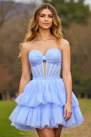 Load image into Gallery viewer, Lilac Chiffon A Line Tiered Short Corset Homecoming Dress with Bow