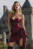 Load image into Gallery viewer, Burgundy Satin Tight Strapless Short Corset Homecoming Dress with Side Cape