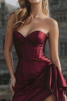 Load image into Gallery viewer, Burgundy Satin Tight Strapless Short Corset Homecoming Dress with Side Cape