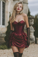 Load image into Gallery viewer, Burgundy Satin Ruched Strapless Short Corset Homecoming Dress with Ruffles