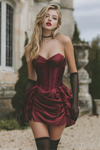 Burgundy Satin Ruched Strapless Short Corset Homecoming Dress with Ruffles
