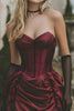 Load image into Gallery viewer, Burgundy Satin Ruched Strapless Short Corset Homecoming Dress with Ruffles