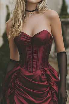 Burgundy Satin Ruched Strapless Short Corset Homecoming Dress with Ruffles