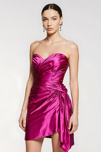 Fuchsia Satin Tight Sweetheart Ruched Short Homecoming Dress