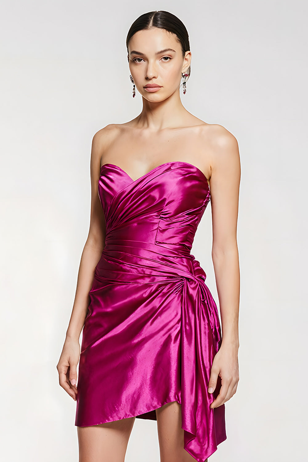 Fuchsia Satin Tight Sweetheart Ruched Short Homecoming Dress