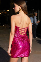 Load image into Gallery viewer, Sparkly Fuchsia Sequin Tight Short Homecoming Dress with Keyhole