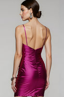 Load image into Gallery viewer, Fuchsia Tight Ruched Spaghetti Straps Short Homecoming Dress with Slit