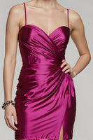 Load image into Gallery viewer, Fuchsia Tight Ruched Spaghetti Straps Short Homecoming Dress with Slit