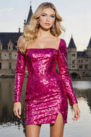 Load image into Gallery viewer, Sparkly Fuchsia Sequin Short Corset Homecoming Dress with Sleeves